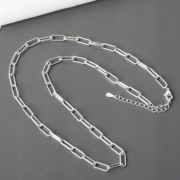 Silver Paperclip Chain Link Choker Necklace 925 Stamped - Picture 2 of 7